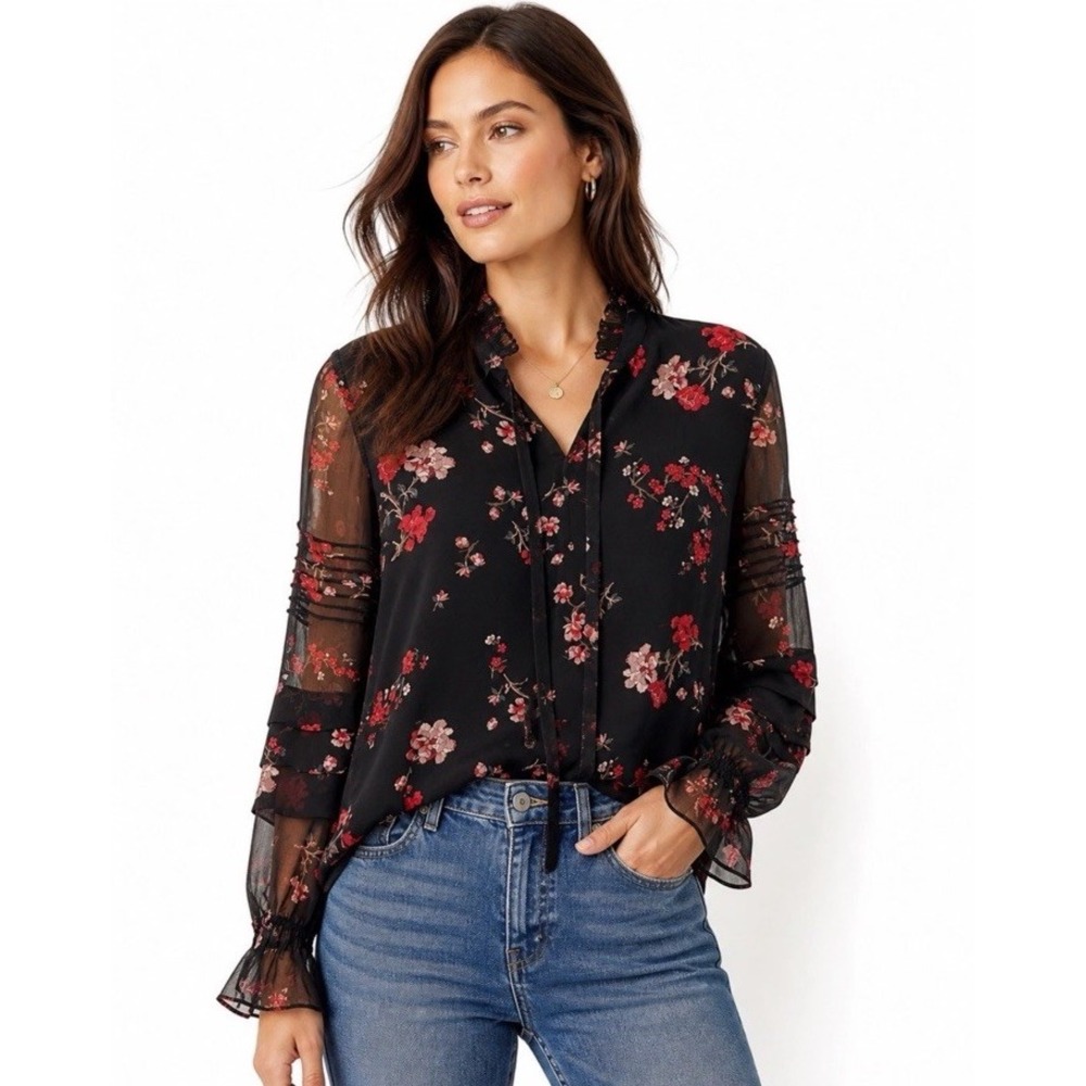 Lauren Ralph Lauren Floral Sheer Blouse Black Tie Neck Boho Size Large Women's